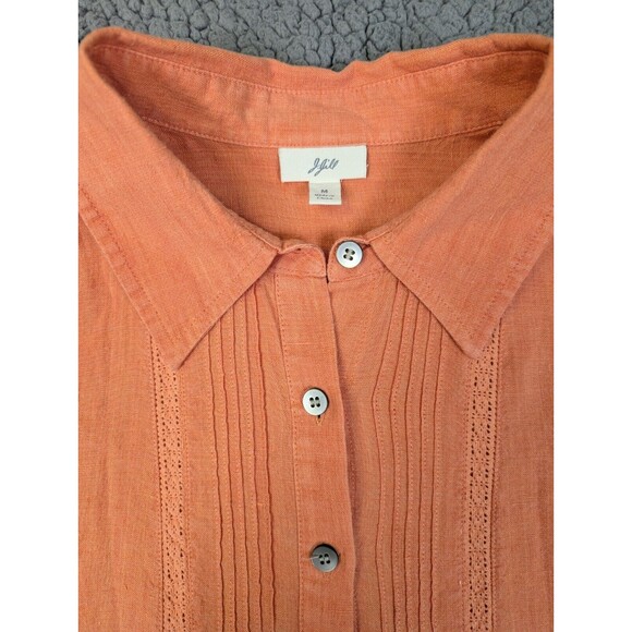 J Jill Top Button Up 100% Linen Eyelet Short Sleeve Size Medium Peach Pleated - Picture 2 of 13